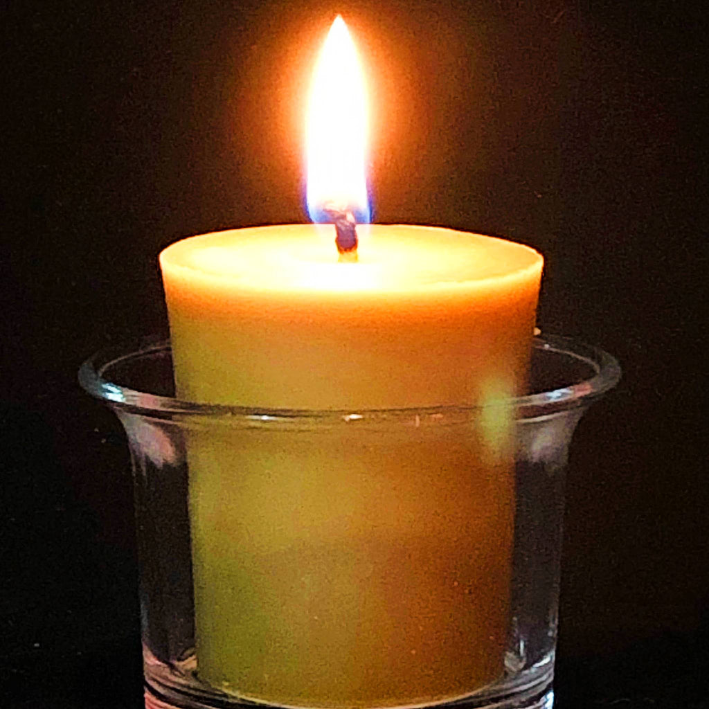 Bayberry votive candle, a blend of bayberry wax and pure beeswax, from Mill Creek Apiary