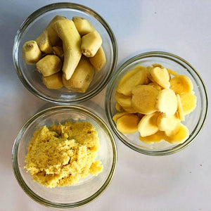 Peeled, sliced and ground raw ginger used in ginger infused honey from Mill Creek Apiary